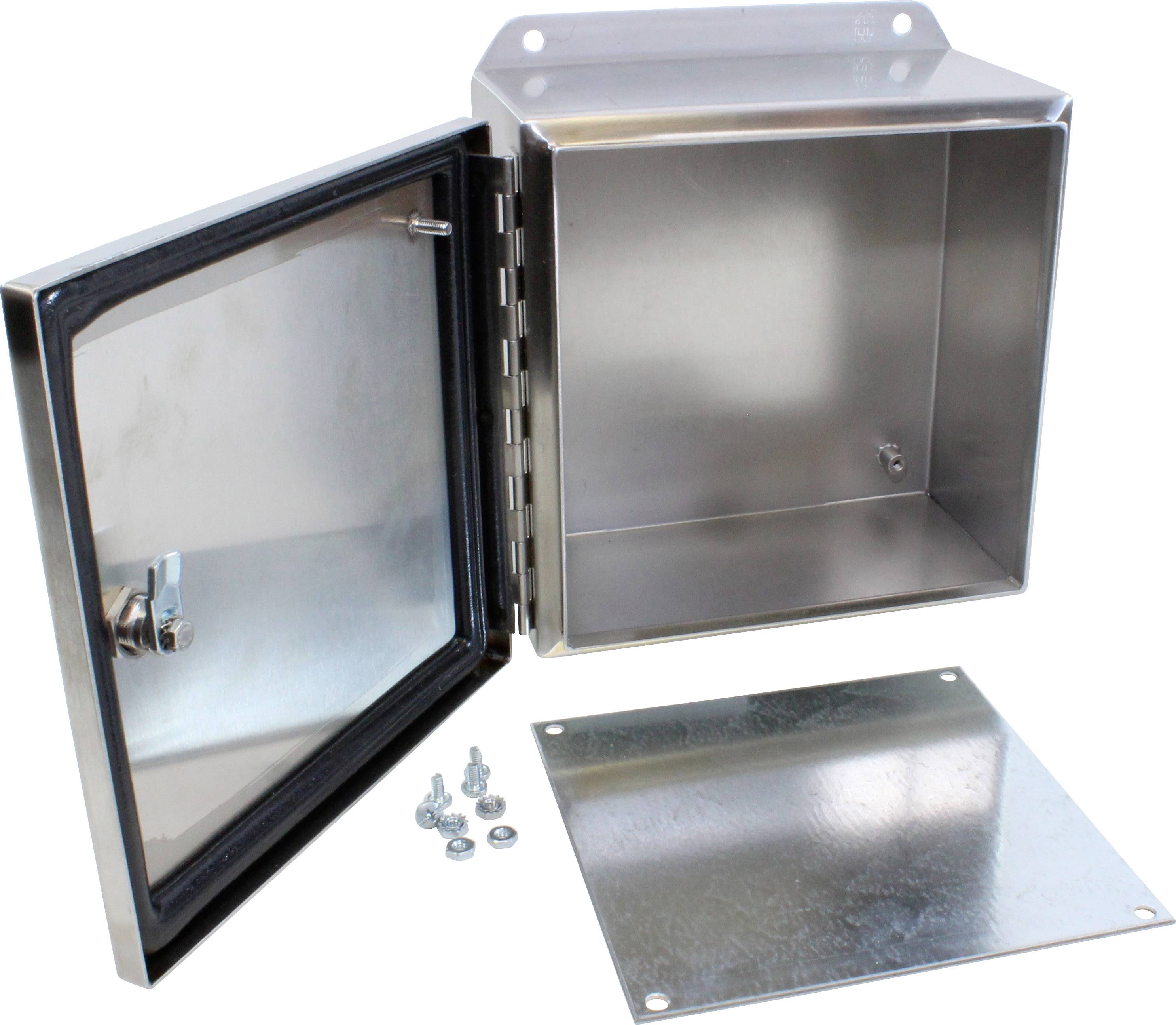 Metal cabinet with an open door, alongside a removable cover and screws. Suitable for industrial storage applications.