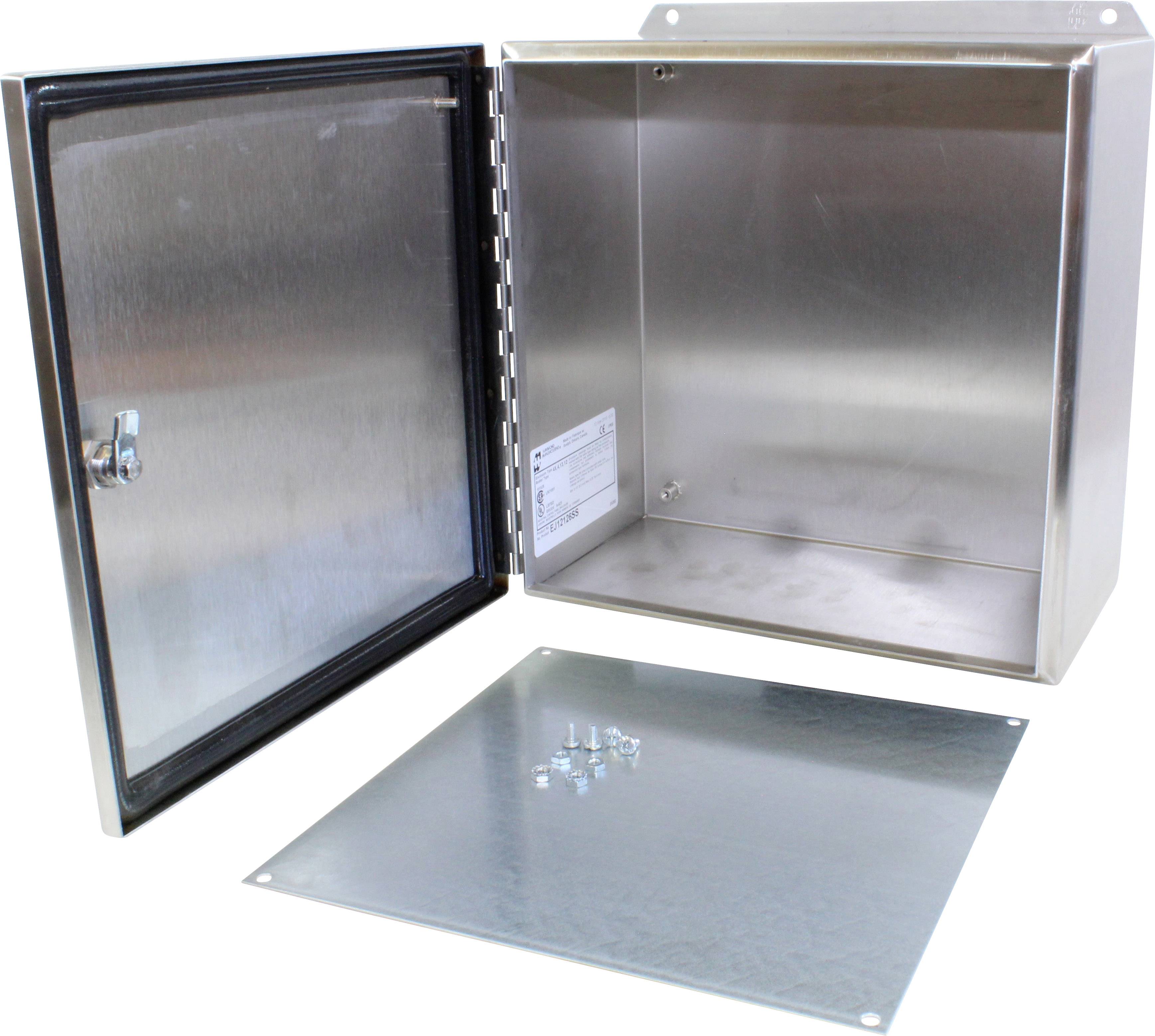 Open metal enclosure with removed front panel and visible screws; used for secure storage of electronic components.
