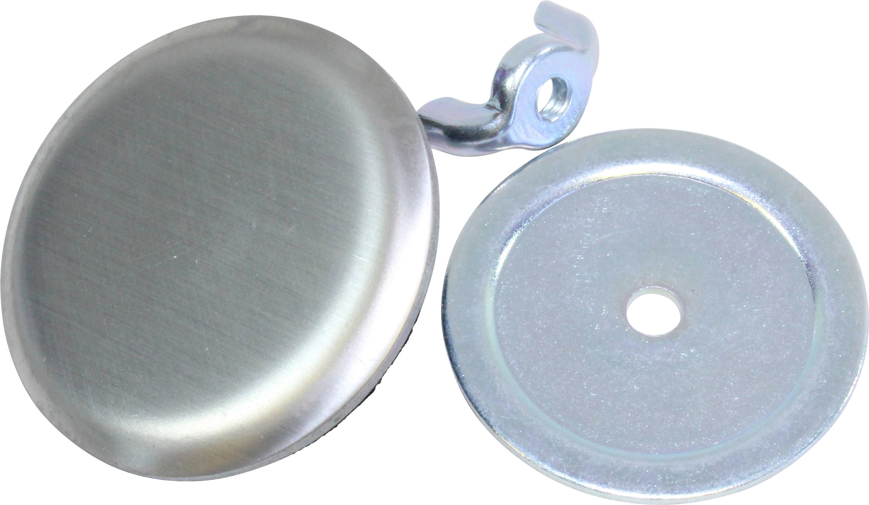 A metal screw cap next to a round metal disc with a hole in the centre. Both objects have a shiny, silver surface.