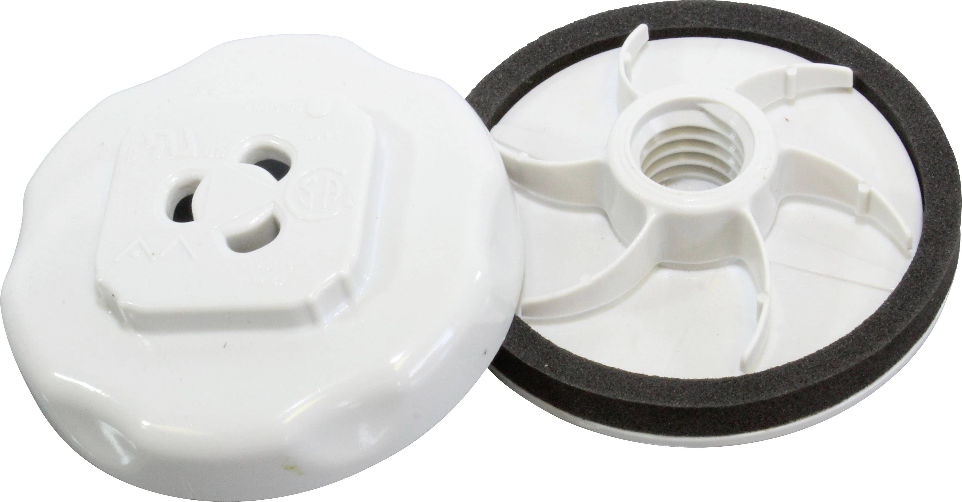 Two white plastic lids, one with a black seal, demonstrate a construction with internal thread.