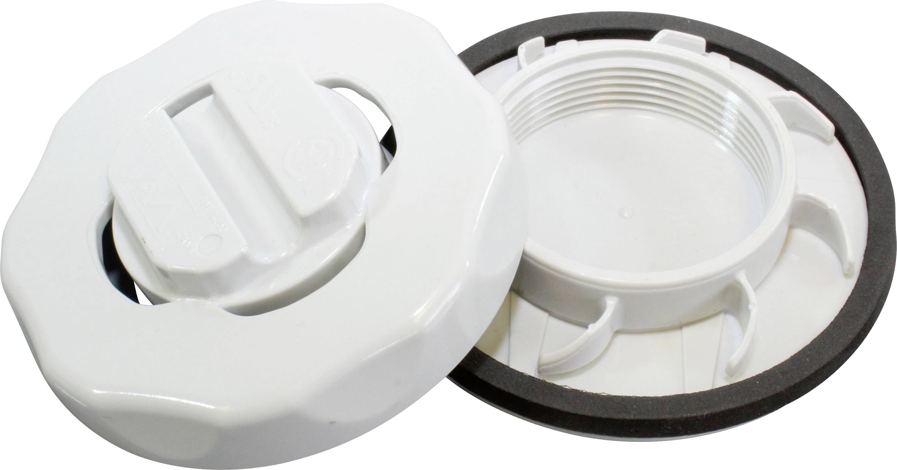 Two white plastic screw-top lids, one lying flat, the other standing at an angle. They are commonly used in plugholes.