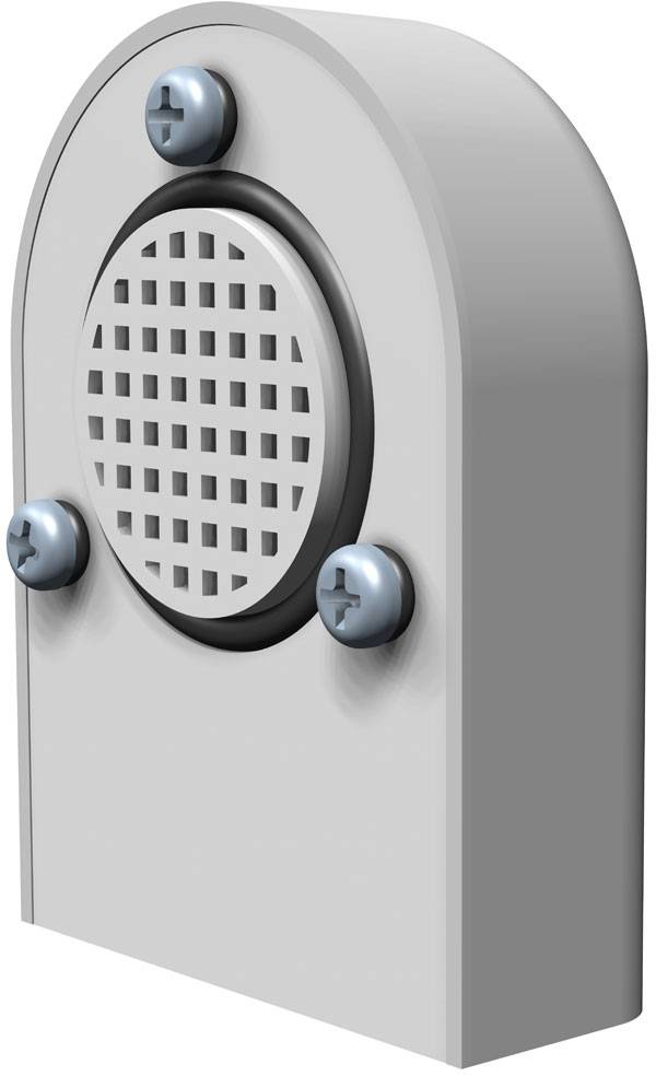 A grey round speaker with a mesh pattern on the front and three visible screws on a curved mounting bracket.