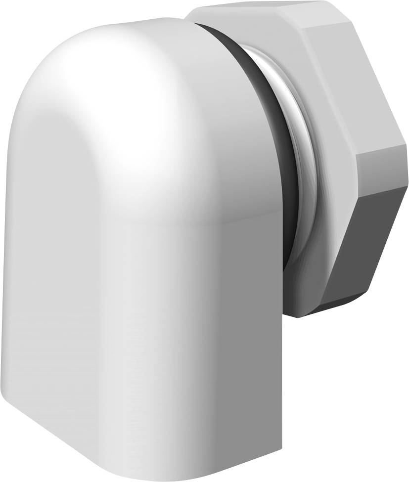 A white, curved pipe connector with a hexagonal nut and seal. Connects pipes in plumbing systems.