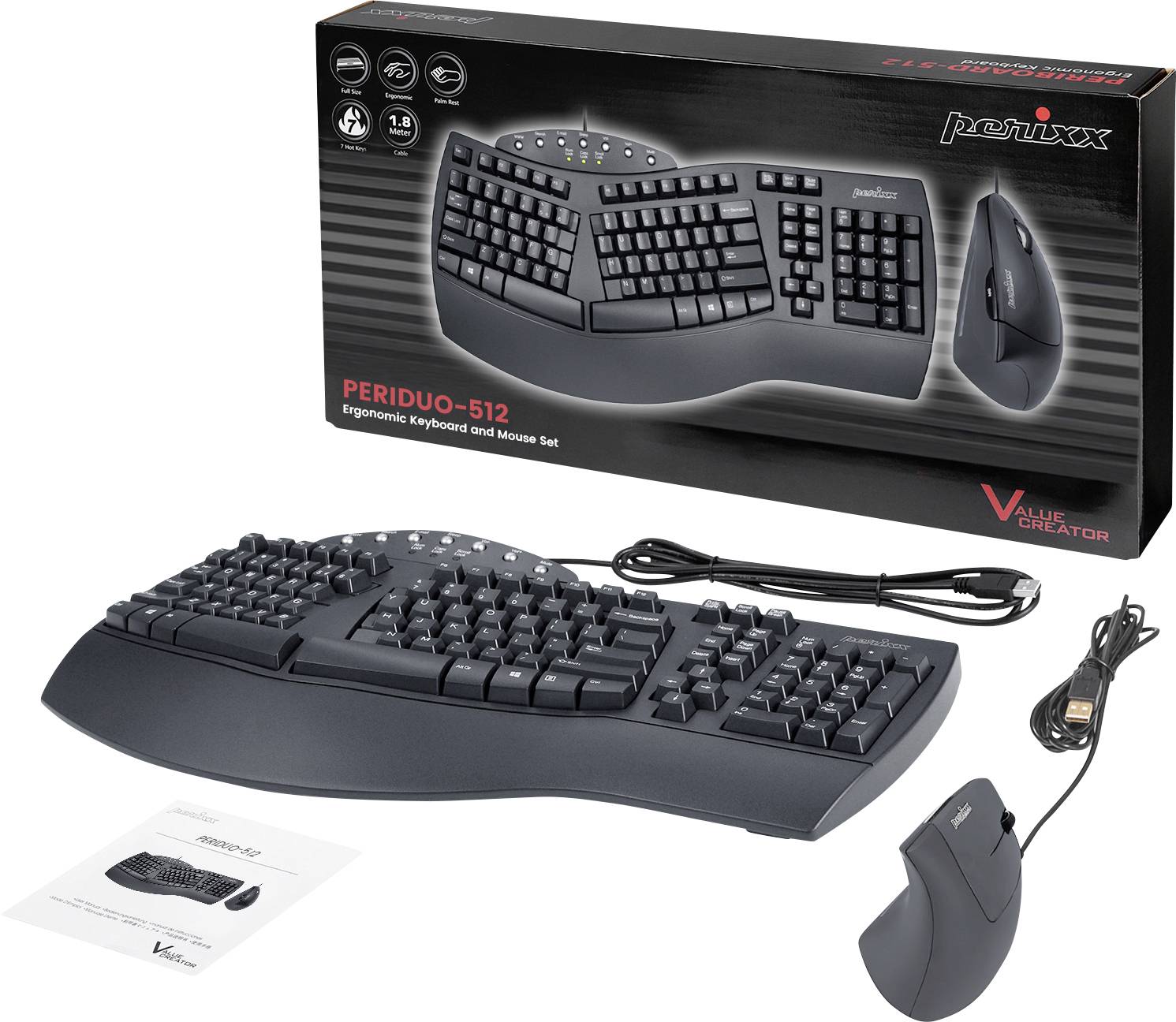Ergonomic keyboard and mouse set in black. Packaging displays brand name 'perixx'. Includes keyboard, mouse, USB cable, instruction manual.