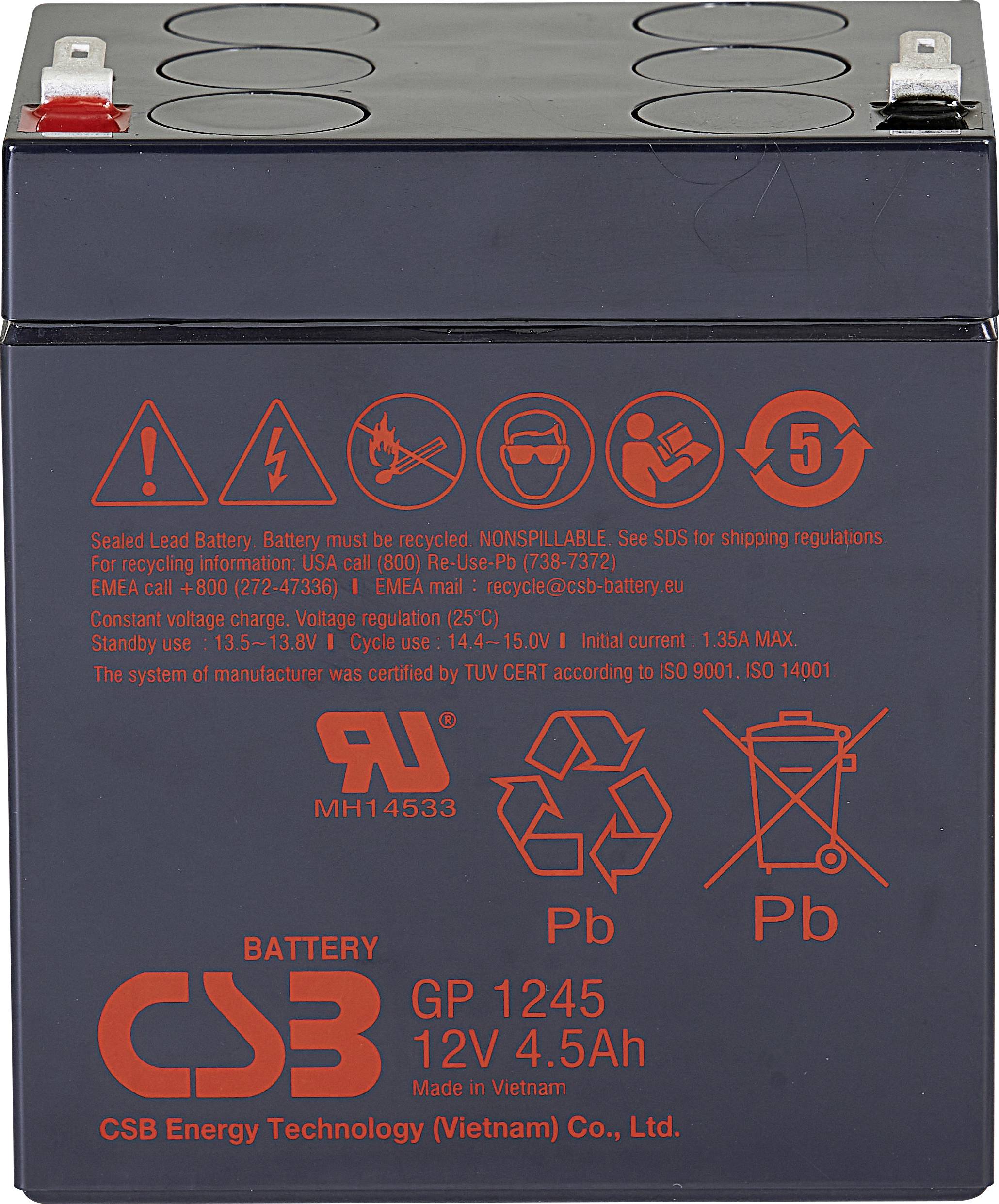 CSB Battery GP 1245 Standby USV GP1245F1 VRLA 12 V 4.5 Ah AGM (W x H x D) 93 x 108 x 70 mm 4.8 mm blade terminal, 6.35 mm blade
