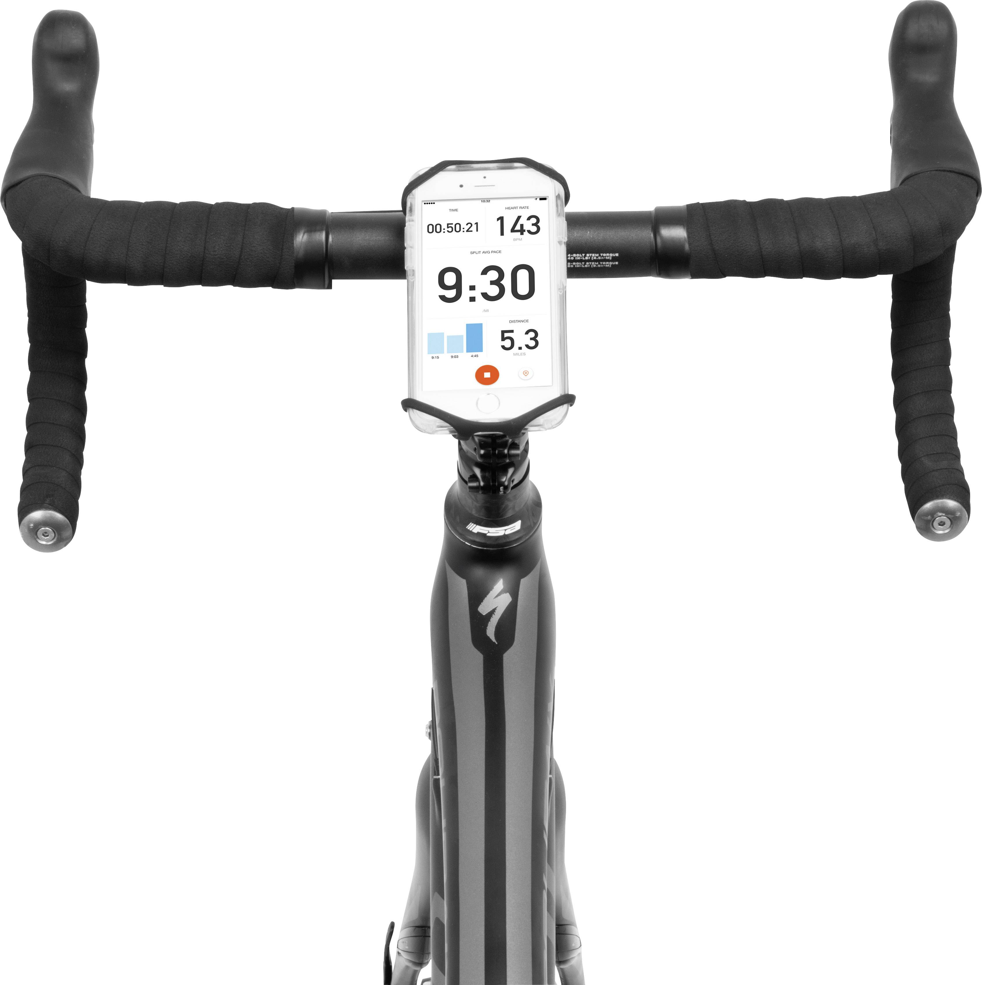 Bicycle handlebars with an attached bicycle computer displaying speed and time.