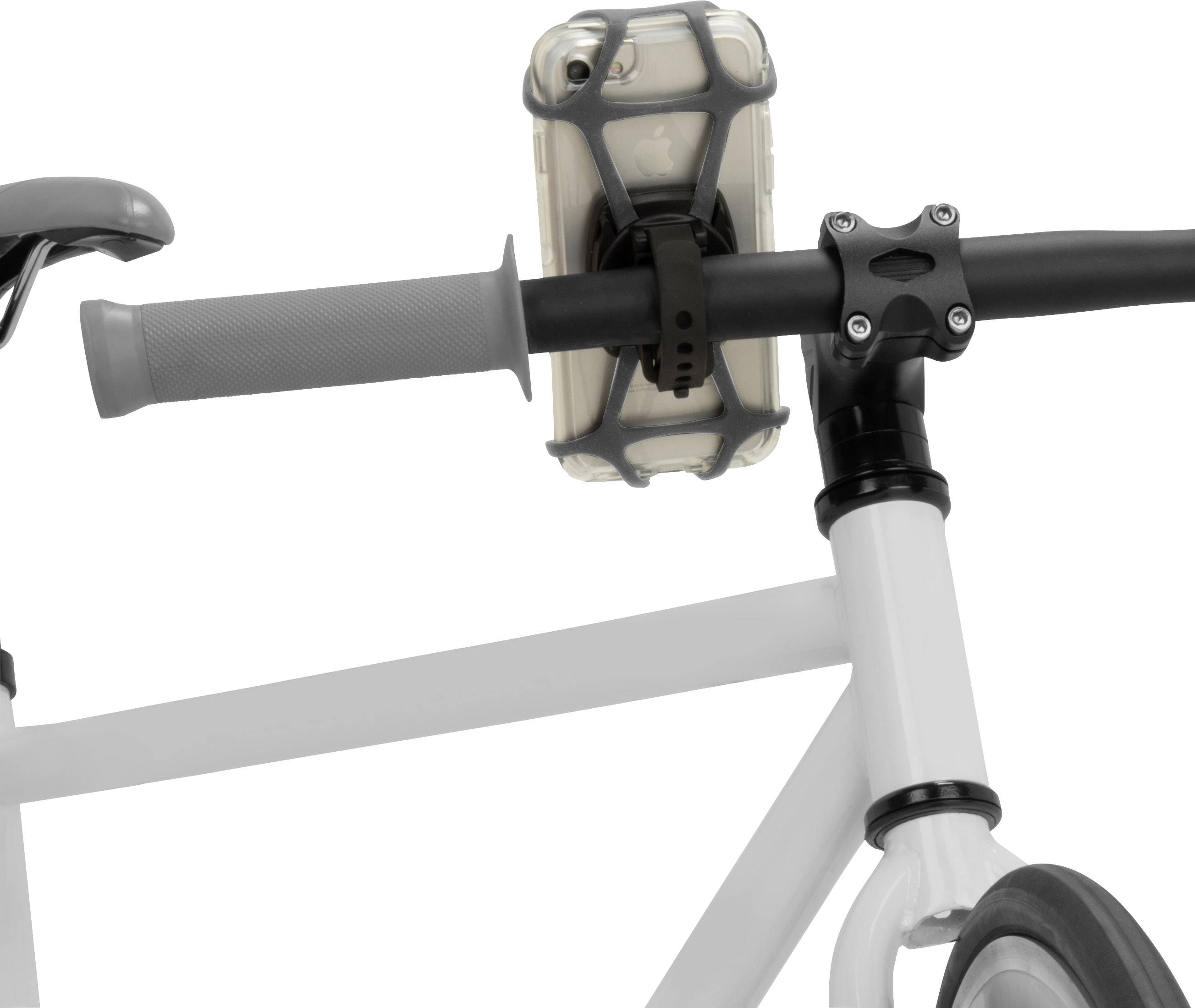 Bicycle handlebars with a smartphone mounted in a holder, next to a grey grip and bicycle frame.