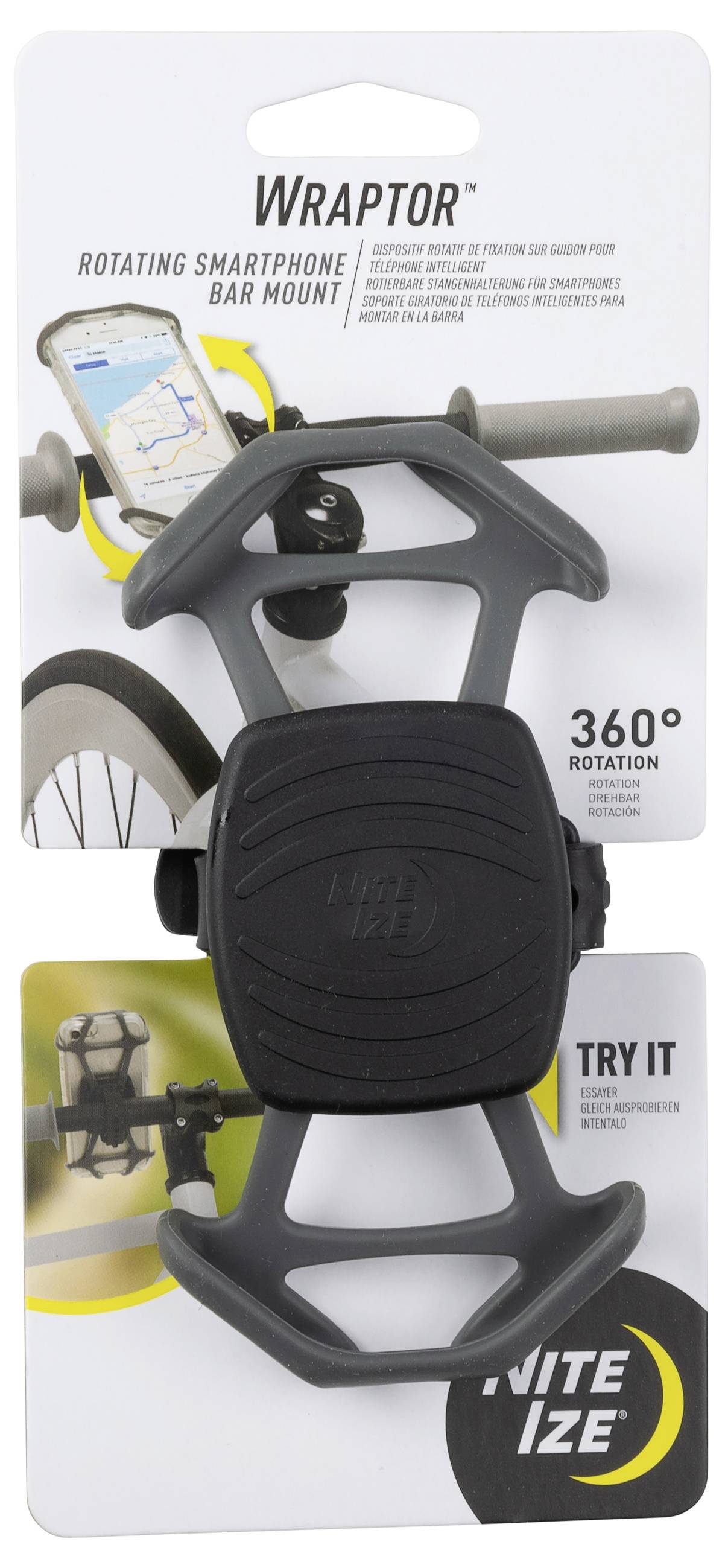 Nite Ize Wraptor smartphone mount displayed on packaging, showing holder attached to a bike handlebar with diagrams indicating '360° rotation' feature.