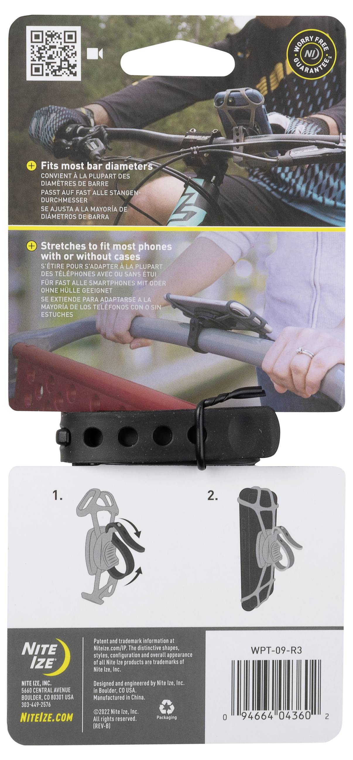 Smartphone mount on bicycle handlebars; fits most bar sizes; enables phone use with or without cases; black adjustable strap included.