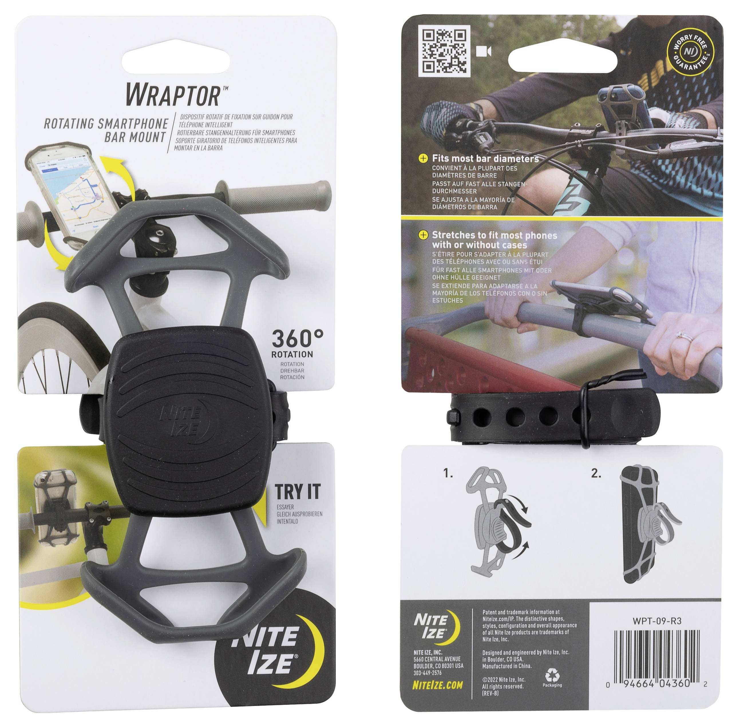 'WRAPTOR' rotating smartphone bar mount packaging. Front shows product with bike image; back highlights features like 360° rotation and fit details.