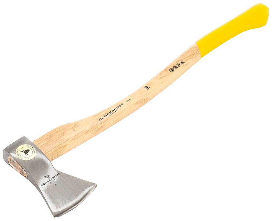 An axe with a curved wooden handle and a yellow end. The blade is made of metal with an embossed marking.