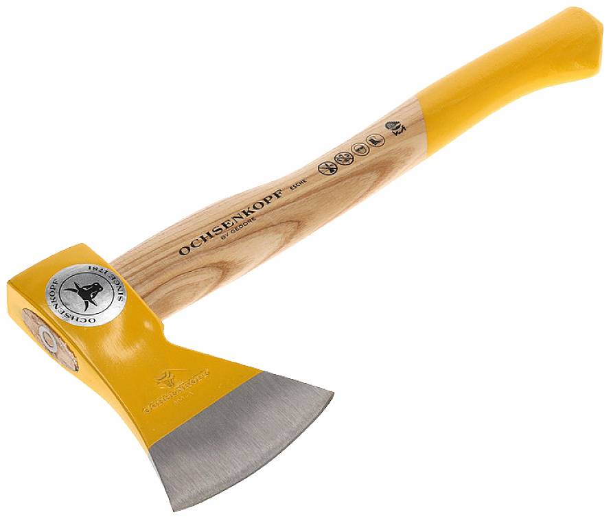 Wooden axe with a yellow handle and silver blade, suitable for forestry and garden work. Brand name visible on the wooden handle.