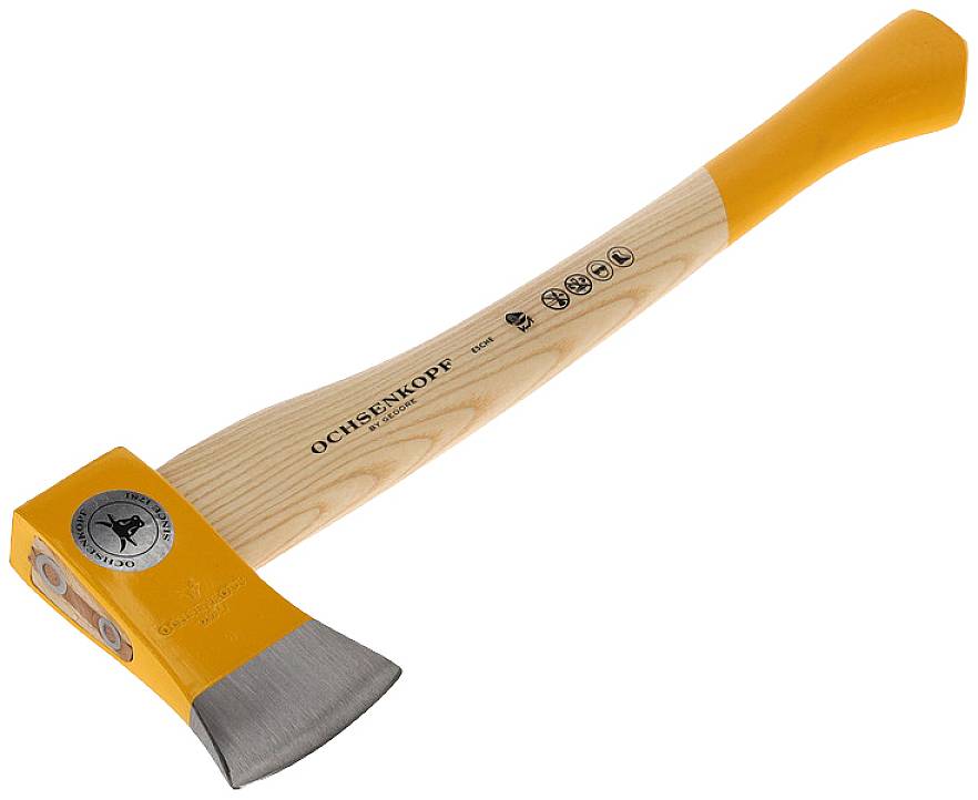 Axe with wooden handle and orange details; brand name 'Ochsenkopf' on the side. Suitable for woodworking.