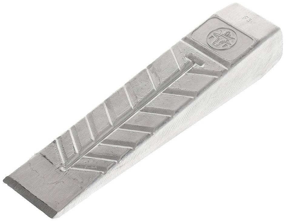 Metal wedge made of silver-coloured material with a ribbed surface, commonly used for splitting wood.