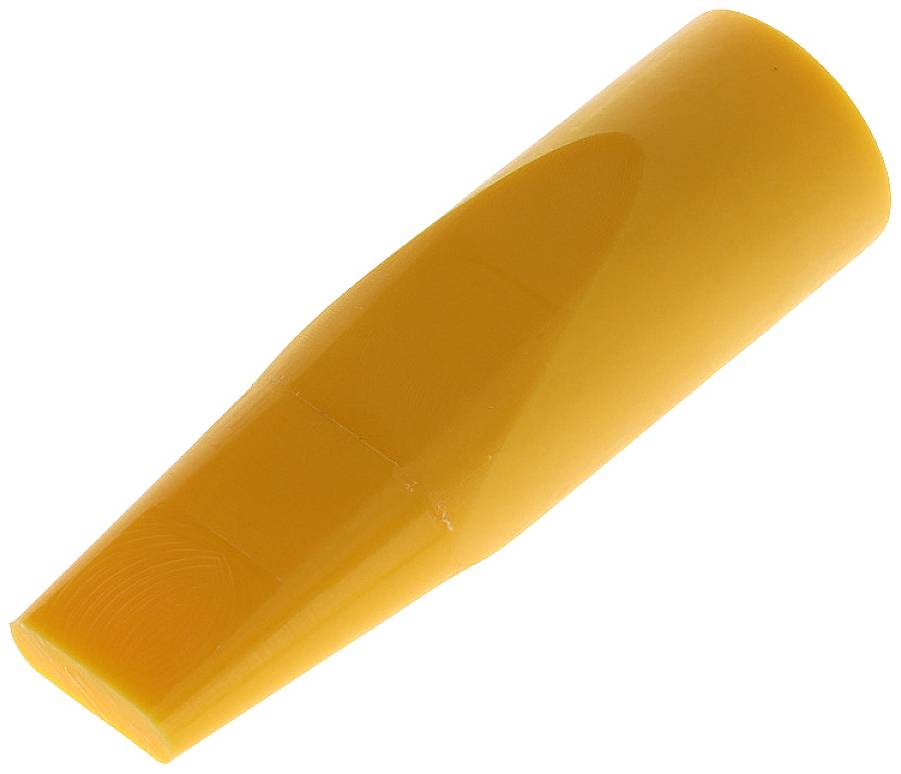 An orange plastic block in a cylindrical form, which is cut at an oblique angle.
