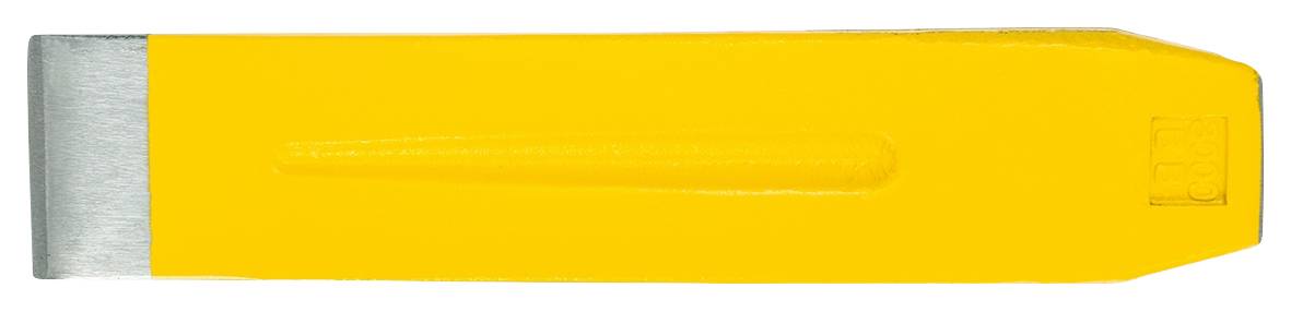 Yellow metal log-splitting wedge, with a flattened tip. Used for splitting wood in forestry or wood chopping.