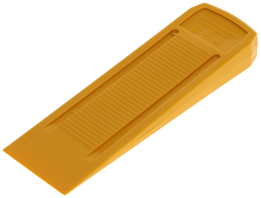 An orange plastic tool, rectangular in shape, with a ribbed surface and a bevelled end, serves as an assembly wedge.
