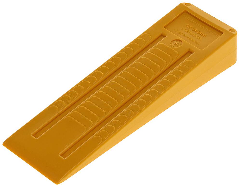 An orange plastic wedge, suitable for use as a door stop or for securing objects.