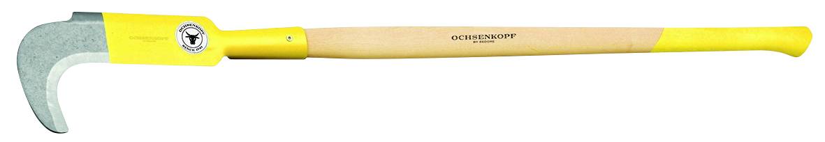 Wood axe with a yellow head and long wooden handle, manufactured by Ochsenkopf, model 'OX 173 E-0500', suitable for pruning trees.