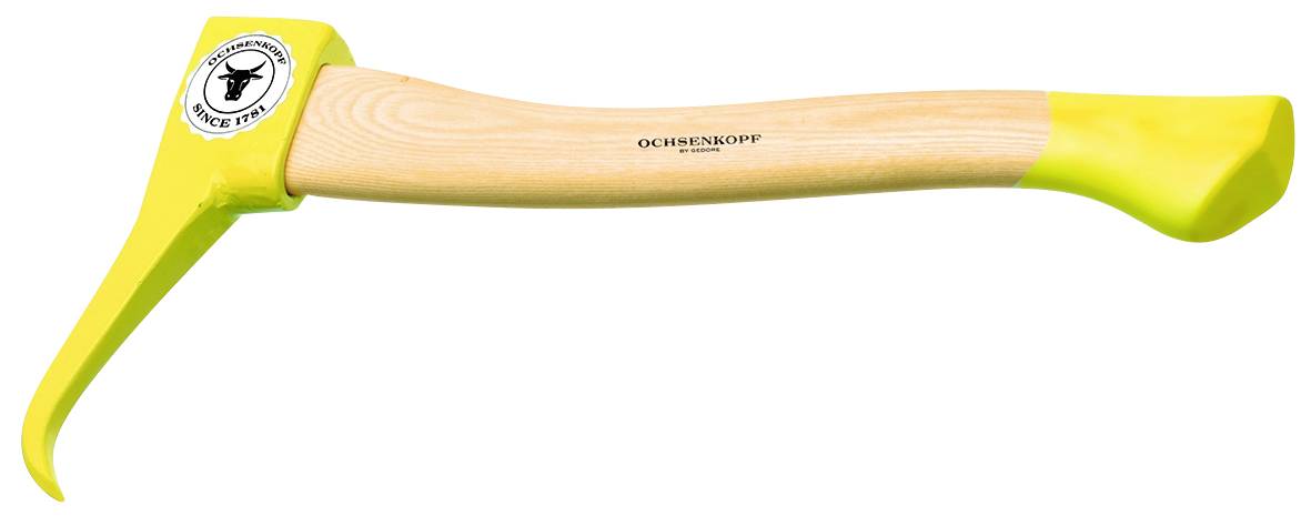 A yellow and wooden forestry hook with the inscription 'Ochsenkopf'. The hook has a curved end for gripping timber logs.