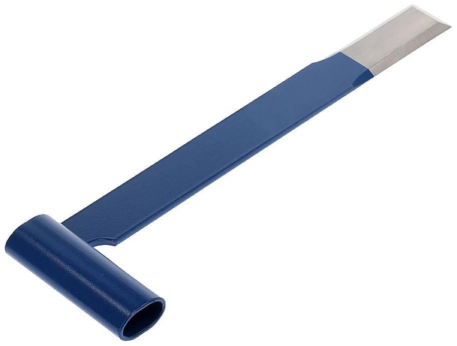Blue carpet lifter with a flat metal blade and long handle. Used for removing carpets.