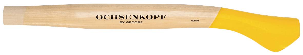 Wooden axe handle with yellow rubber coating, inscribed with 'Ochsenkopf by Gedore'.