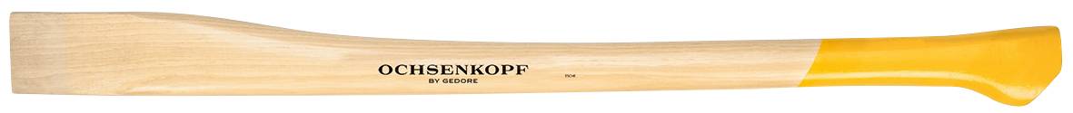 A replacement axe handle made of light wood with a yellow tip, bearing the inscription 'Ochsenkopf'.