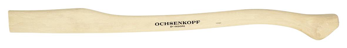 The image shows a wooden axe handle with an ergonomic grip, bearing the inscription 'Ochsenkopf'. It serves as a replacement part for tools.