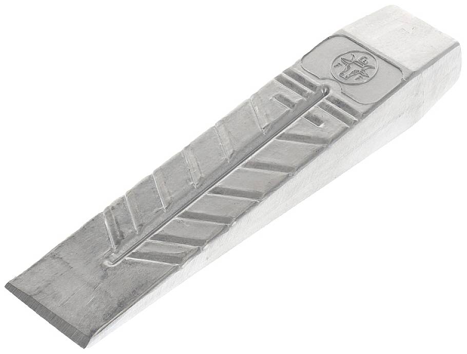 A metal wedge with grooves and an embossed logo on the top surface. Used for splitting wood or other materials.