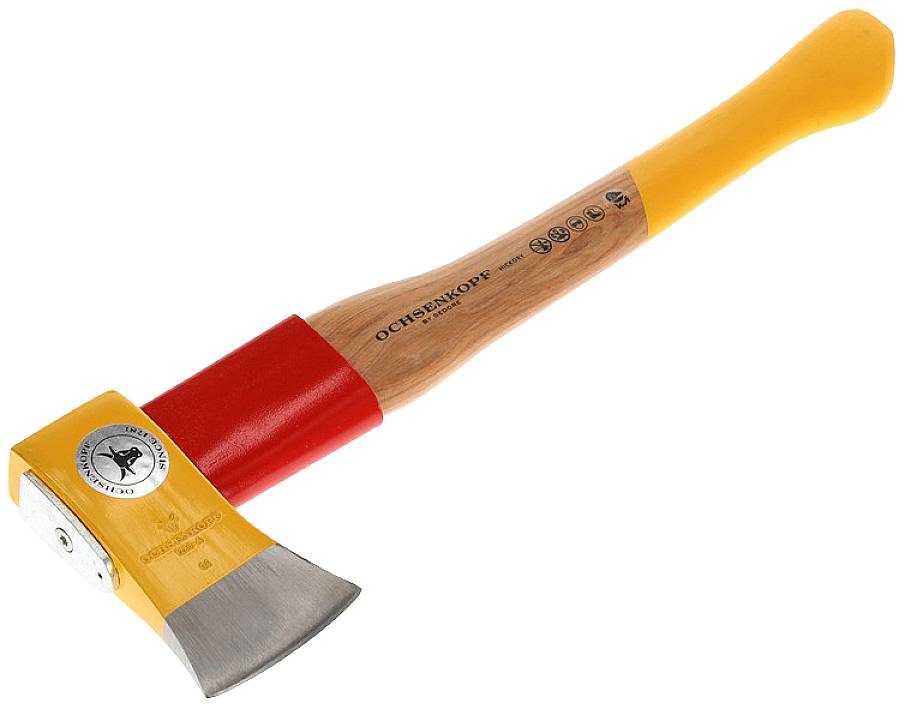 Wooden axe with a yellow and red handle and a silver emblem on the head. Suitable for splitting wood.