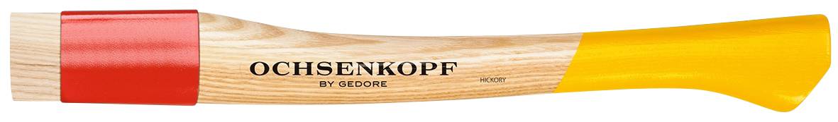 Wooden axe handle with red and yellow coating, brand name 'Ochsenkopf' printed on it.