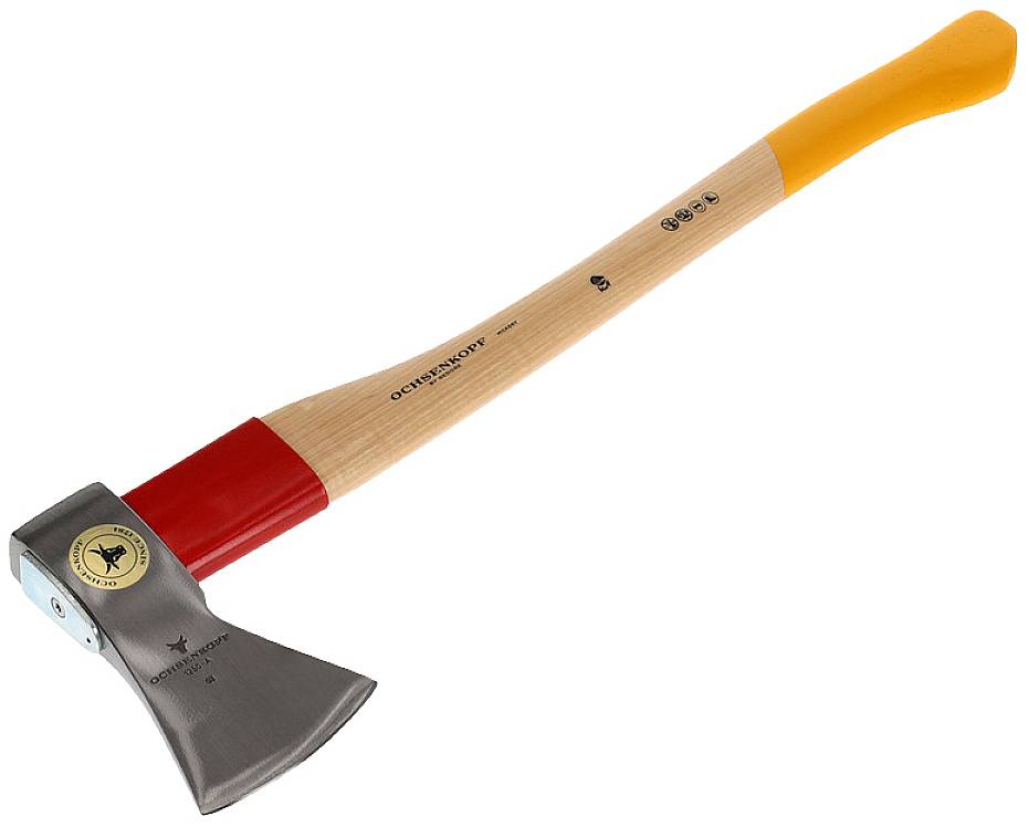 An axe with a red and yellow handle and a silver blade. Brand logo and inscription visible on the wooden handle.