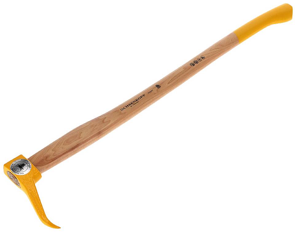 Garden fork with a wooden handle, metal curved tip and tine, commonly used in horticulture.