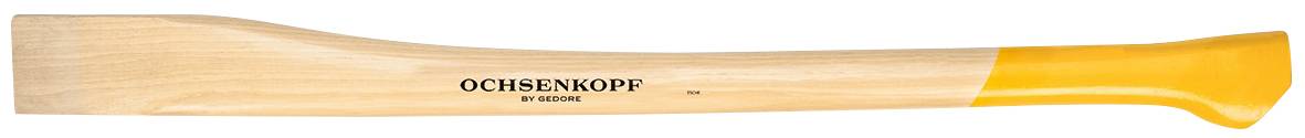 Wooden axe handle made from light-coloured wood with a yellow end and the inscription 'Ochsenkopf', symbolising quality and durability.