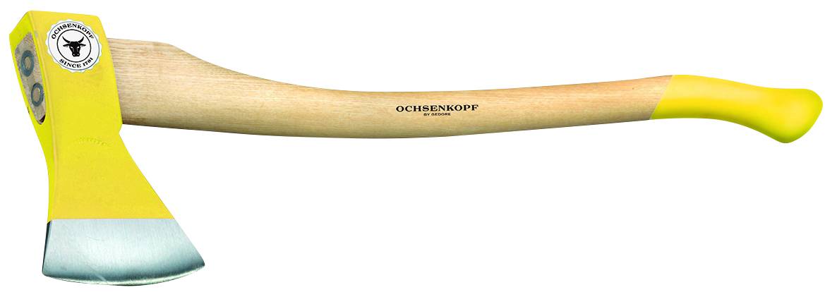 An axe with a yellow head and wooden handle. Brand name 'Ochsenkopf' on the handle.