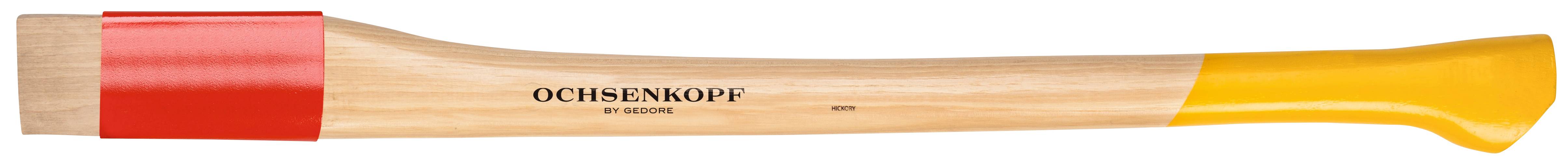 A wooden axe handle with red and yellow markings, with the brand name 'Ochsenkopf' printed on it.