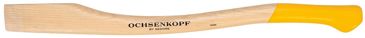 A forestry axe with a wooden handle and yellow head. The 'Ochsenkopf' brand is printed on the handle.