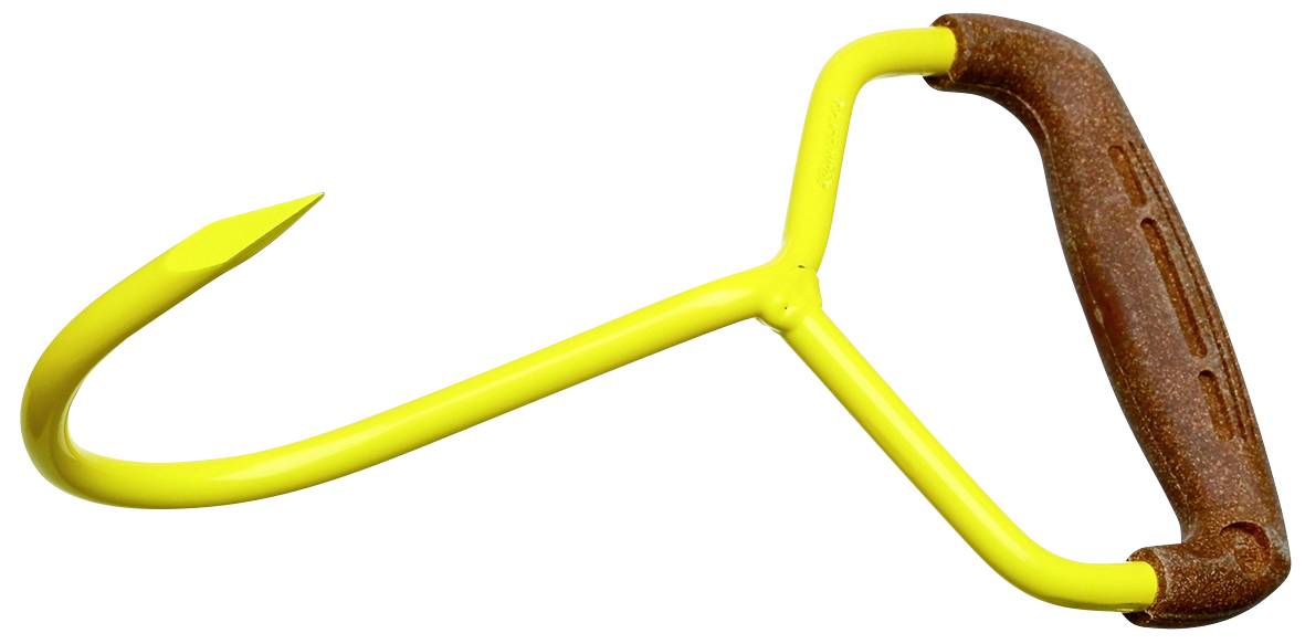 Yellow one-handed pack hook with rust-brown plastic handle for lifting heavy objects.