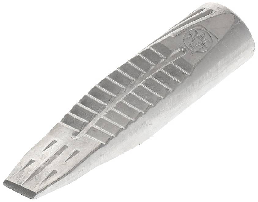 Metal wedge with grooves and logo on the side, used for splitting wood or other materials.