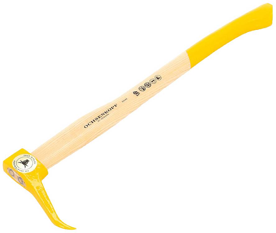 Woodsplitting hammer with yellow handle and metal head, suitable for forestry work.
