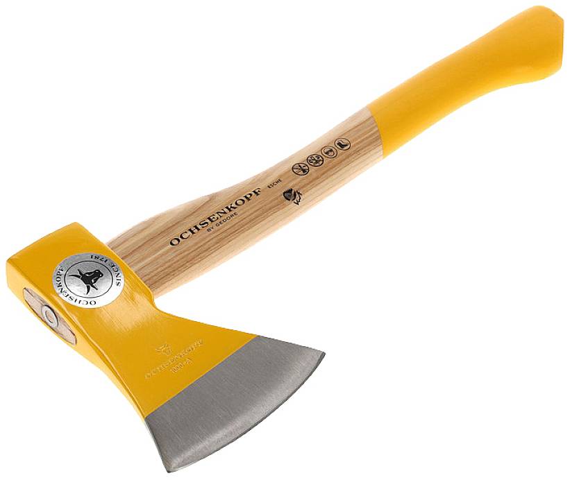 Wooden axe with a yellow handle and silver blade, marked with 'OCHSENKOPF'. Contains symbols and prints. Suitable for chopping wood.