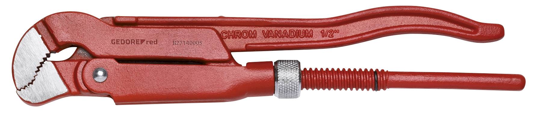 Red pipe wrench in close-up, metallic, with a ridged gripping area and adjustment wheel on the handle; suitable for plumbing work.