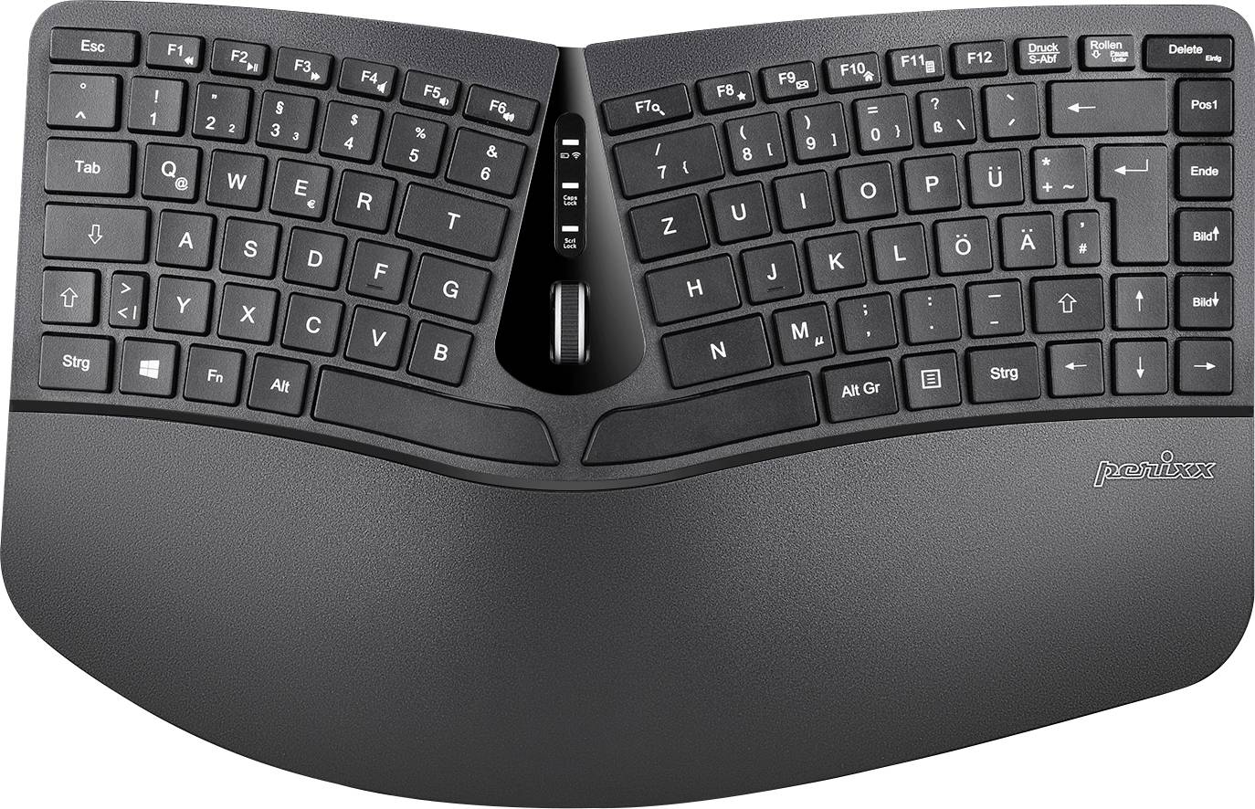 Ergonomic keyboard from above: split design with curved key sections and wrist rest for comfortable typing.