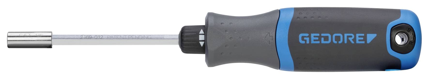 Screwdriver with grey and blue handle, 'Gedore' logo in blue on the side.