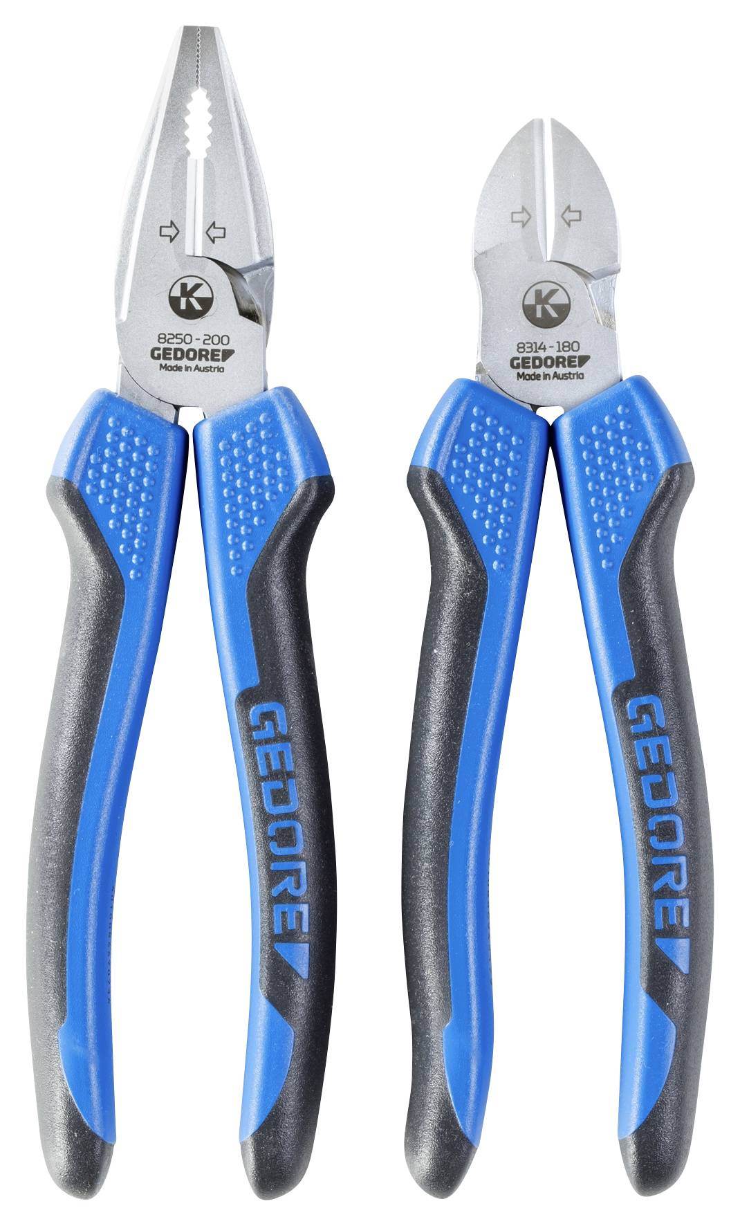 Two blue pliers with black handles, on the left a combination pliers, on the right a side cutting pliers with 'GEDORE' inscription.