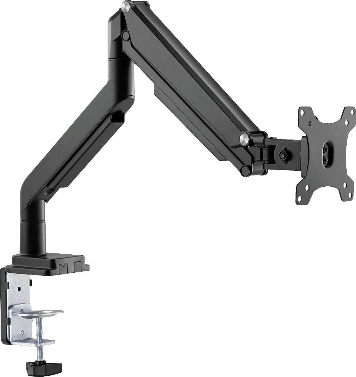 A black monitor arm with a clamp for attaching to a desk. The arm is flexible and adjustable for different monitor positions.
