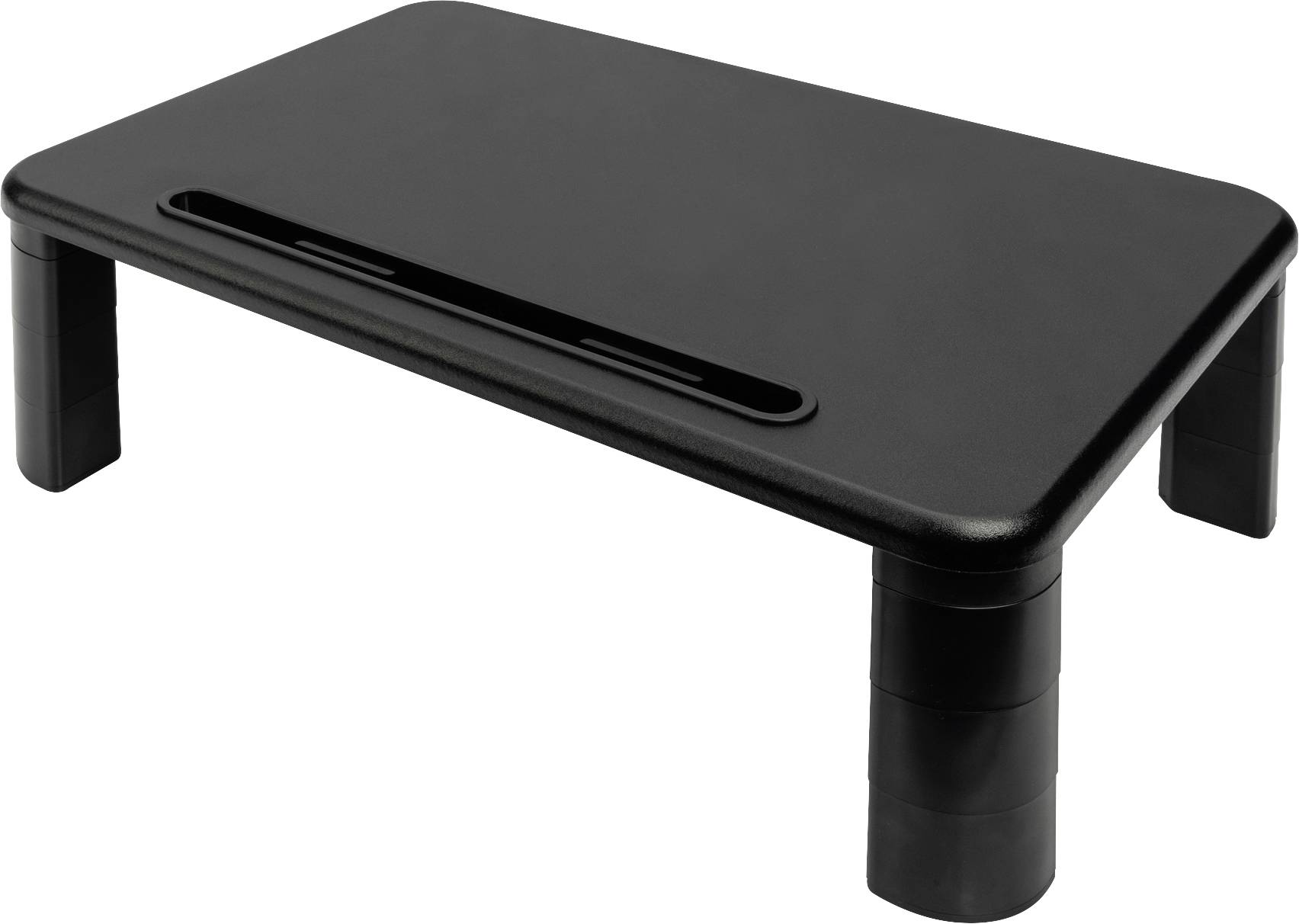 A black monitor stand with adjustable legs and a slim opening on the top surface for cable management.
