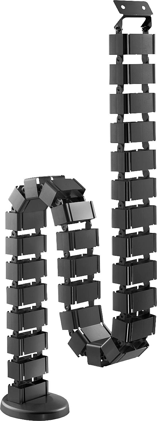 Black cable management trunking in a flexible, modular design for tidy cable organisation underneath a desk.