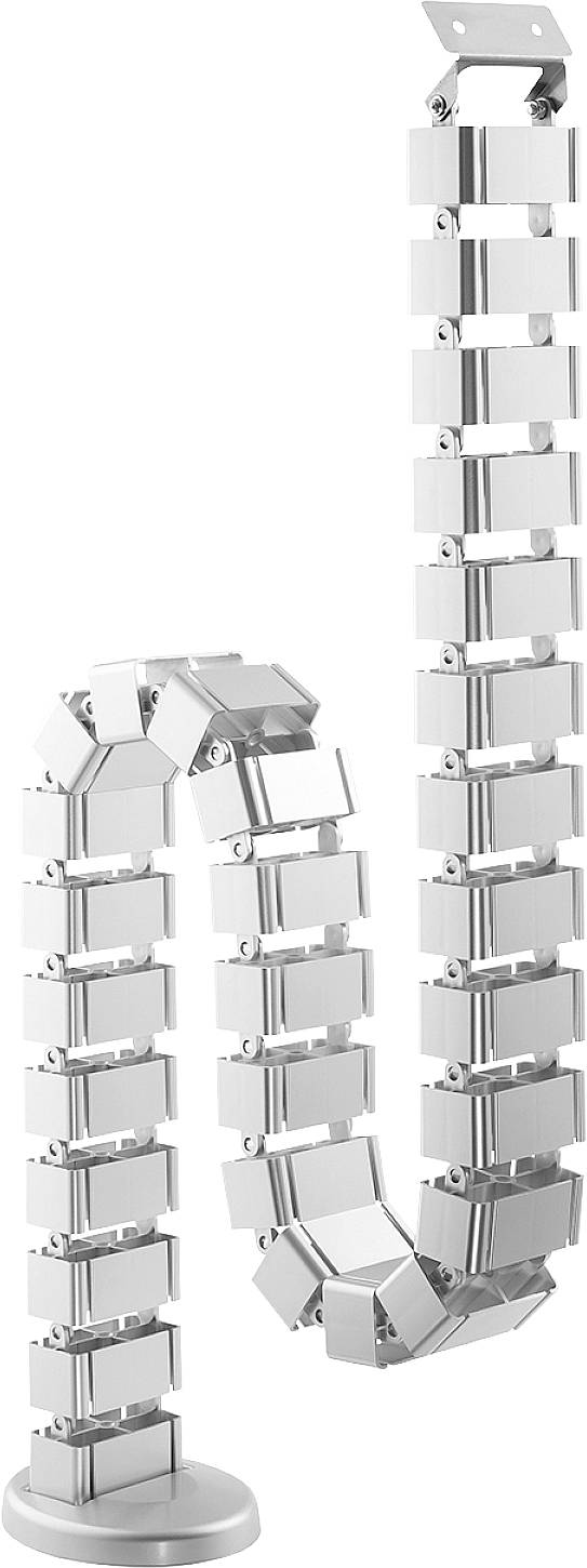 Silver, flexible cable snake with rectangular links used for organising cables underneath desks.