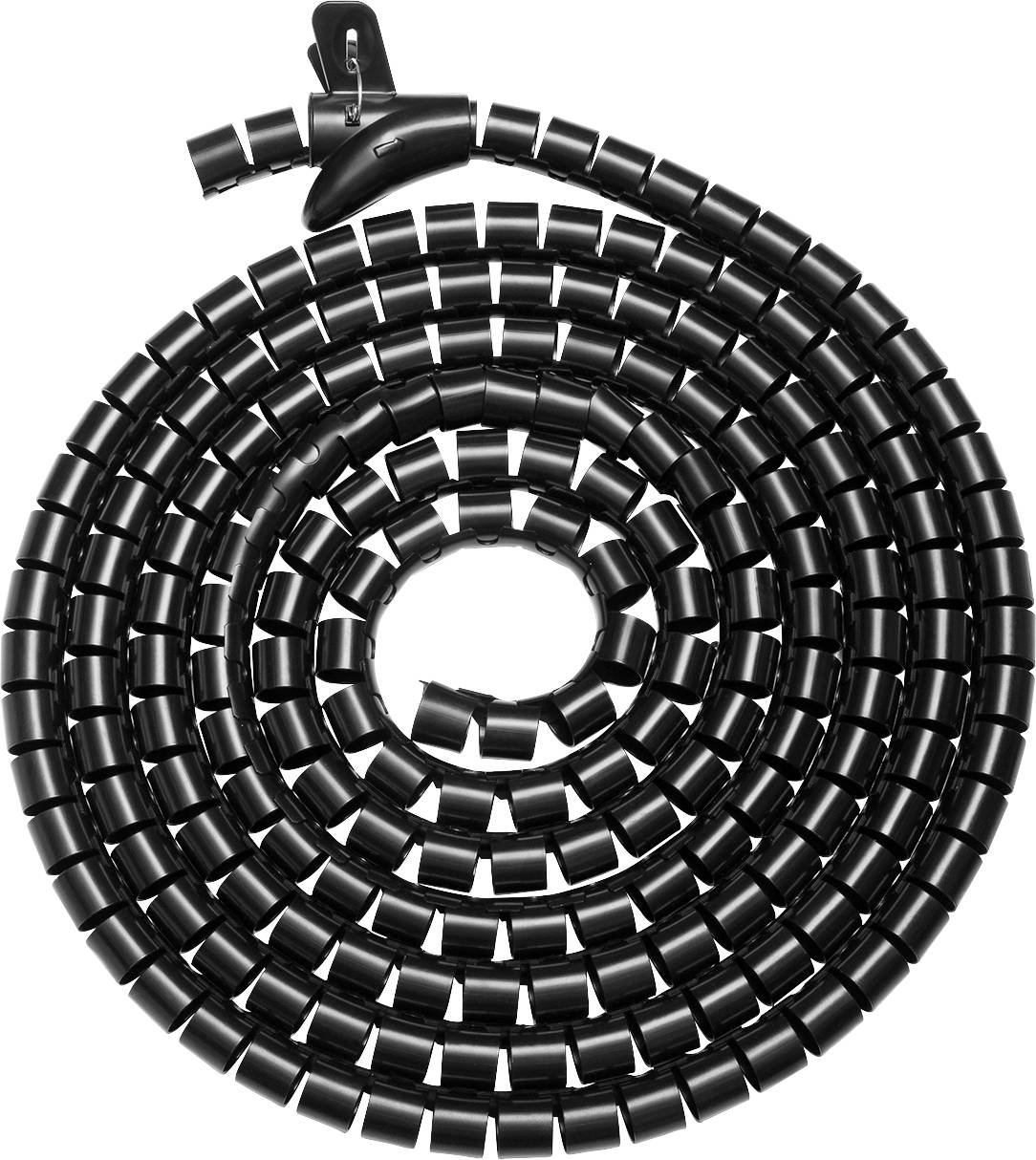Black spiral cable sleeve, spirally wound, with clip mounting for secure fastening.